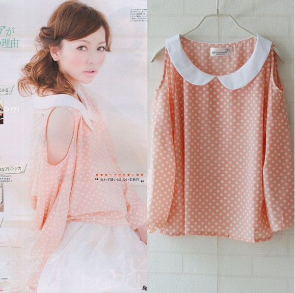 free shipping 2013 female autumn magazine top long-sleeve peter pan collar strapless dot chiffon shirt t-shirt