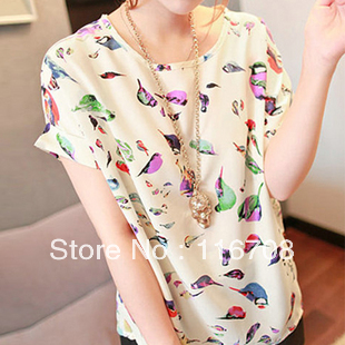 Free shipping 2013 female fashion sweet love print o-neck batwing sleeve chiffon shirt top loose plus size TS060