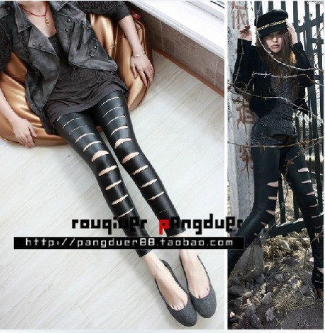 Free Shipping 2013 Female Legging Personality Punk Hole Slim Tights Faux Leather Cotton Ankle Length legging Trousers Pants