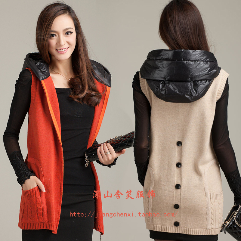 Free Shipping 2013 female sweet preppy style sweater yarn vest patch pocket hooded cardigan sweater vest Wholesale price