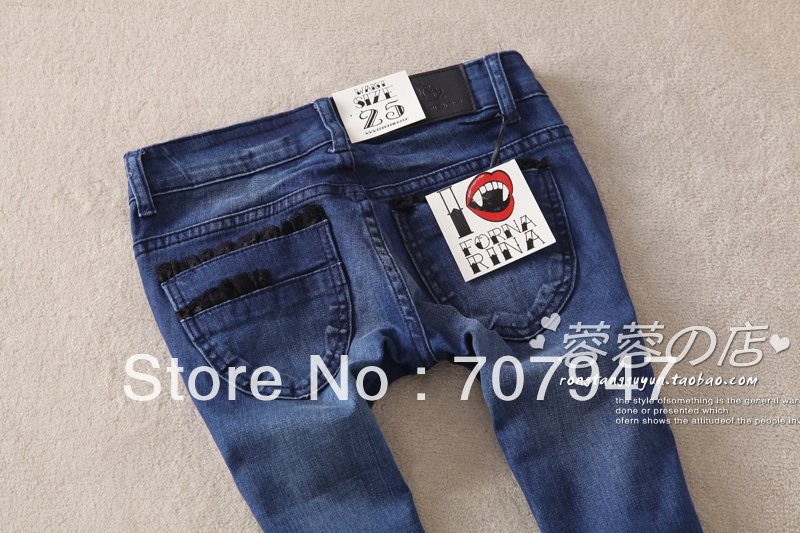 Free shipping 2013 fornarina - lace for decoration denim jeans Dark Blue jeans pencil pants slim skinny jeans women Wholesale