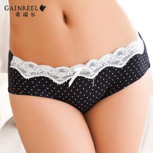 Free shipping 2013 Gainreal Autumn lover sexy lace underwear Polka dot print mid waist trunk underwear,Lace Panties