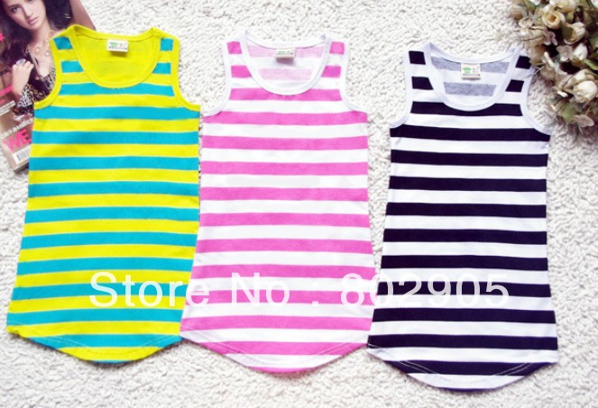Free shipping 2013  Girl Horizonal striped Cotton Tanks round neck Long Vest Underwear