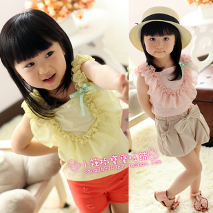 Free shipping 2013 girls clothing cotton solid color 100% laciness chiffon ruffle collar sleeveless vest spaghetti strap t-shirt