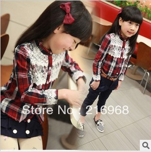 Free shipping, 2013 girls plaid shirt wholesale children's wear the spring New England lace