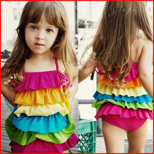 Free shipping 2013!!Girls' swimsuit conjoined Skirt rainbow swimsuit female baby swimwear