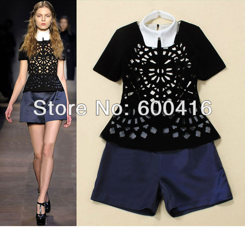 Free Shipping 2013 High-end Quality Hollow Out Velvet Blouse + Shorts Suits (1 set)  130308N02