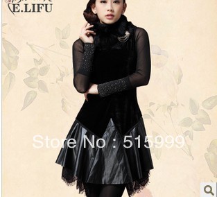 Free Shipping 2013 Hitz high-grade fur collar lace Brooch black leather dress 1 Colour 4 Sizes L,XL,XXL,XXXL