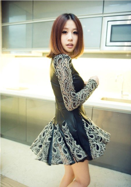 Free shipping 2013 Hitz Japanese women's fashion lace PU leather stitching dress wholesale dress wild bottoming