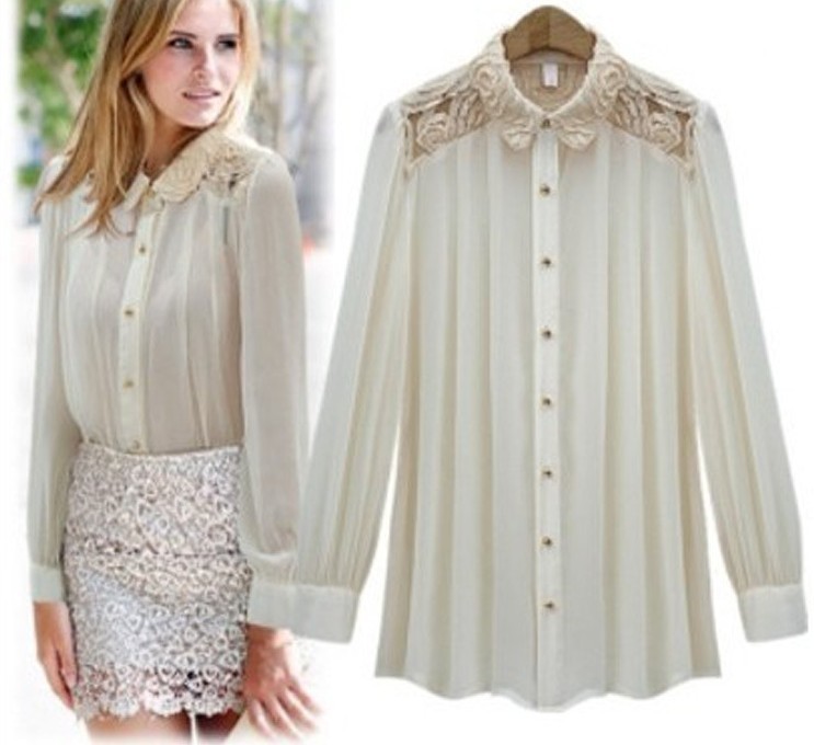 Free Shipping  2013  Hot sale Women's  Lace  Collar 3 buttons Decorate Sleeve  Chiffon Casual Blouse Shirt Ladies  shirt 9164