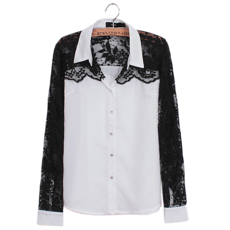 Free Shipping  2013  Hot sale Women's White mix Black Lace Patchwor Chiffon  Casual Blouse Shirt Ladies  shirt 32243