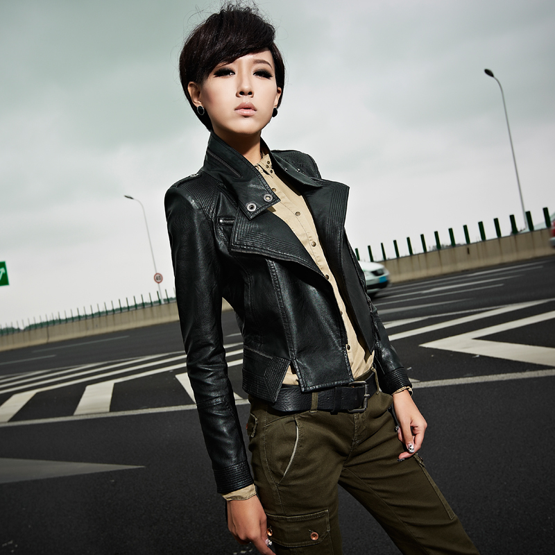 Free Shipping  2013  irregular leather clothing female short design slim short jacket  PU wholesale and retail