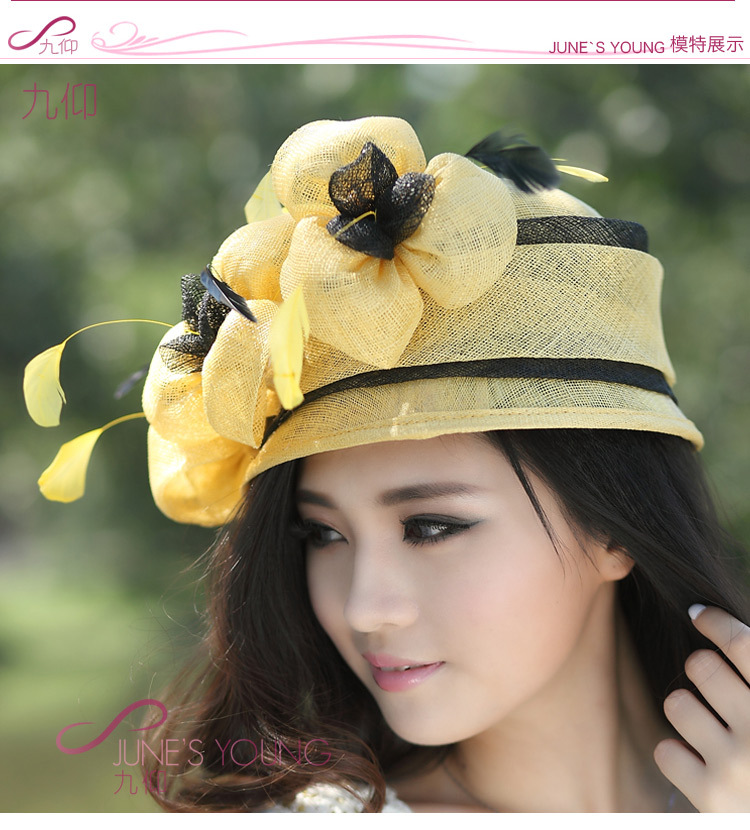 Free shipping  2013 June's young fashion ladies'  yellow dome sinamay hat with feathers  women's spring and summer sun beach hat
