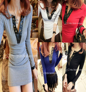 free shipping 2013 knitted cotton faux leather patchwork V-neck medium-long solid color basic t-shirt t160