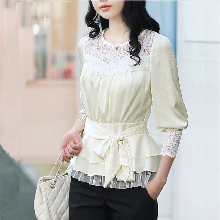Free Shipping 2013 Korea Spring O-Neck OL Slim Sweet Gentlewomen Lace Decoration Bow Blouse Silk Puff Sleeve Shirts 4 Size MF529