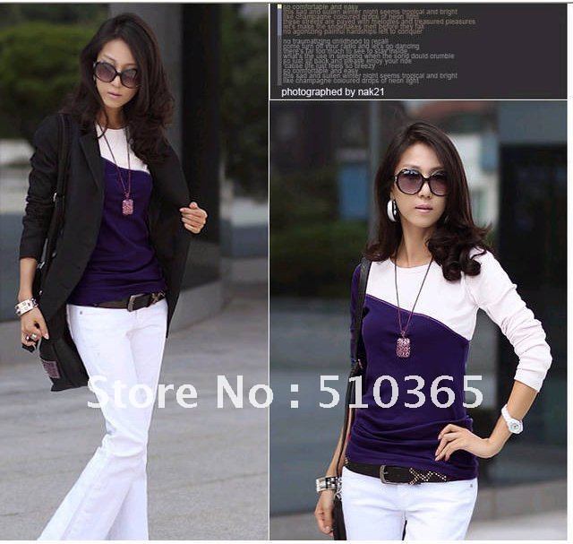 Free shipping 2013 Korean color matching casual cotton T-shirts  /blouses women 8564