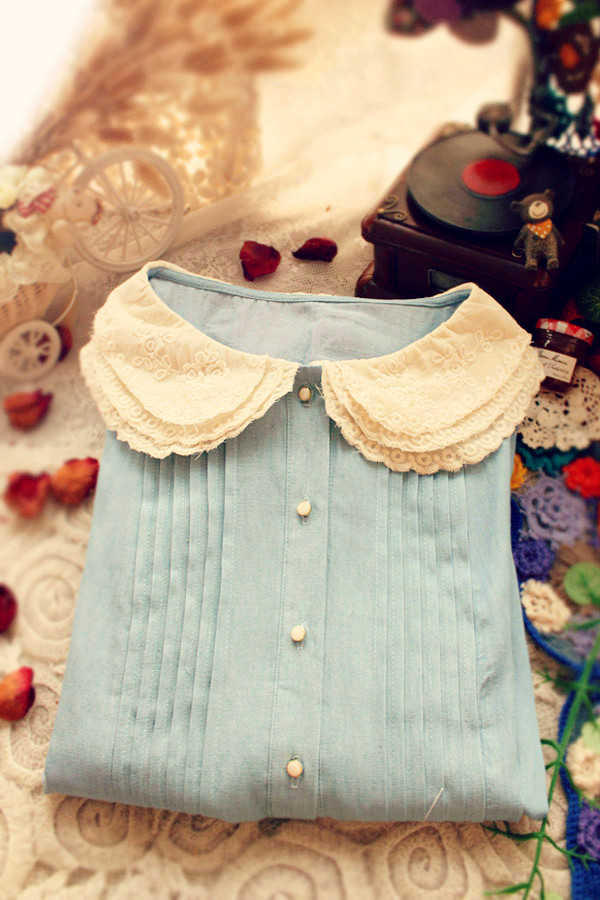 Free shipping 2013 lace peter pan collar fashion denim pleated bow vintage shirt