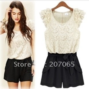 Free shipping 2013 lace ruffle sleeve jumpsuits overall,women shorts,women jumpsuits SIZE S,M,L XL, 3 colour
