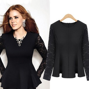 Free Shipping 2013 Ladies Autumn Elegant Ruffle Lace Tops Slim Black Long Puff Sleeve Blouses Winter Shirt Women JB121345