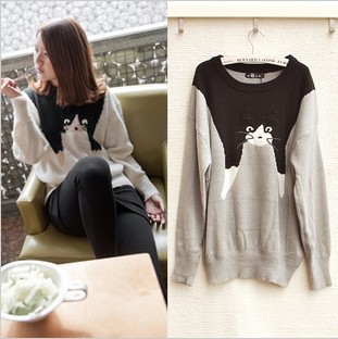 Free Shipping 2013 ladies fashion knitwear sweater long sleeve casual o-neck lovely cat pullover sweater coat white gray