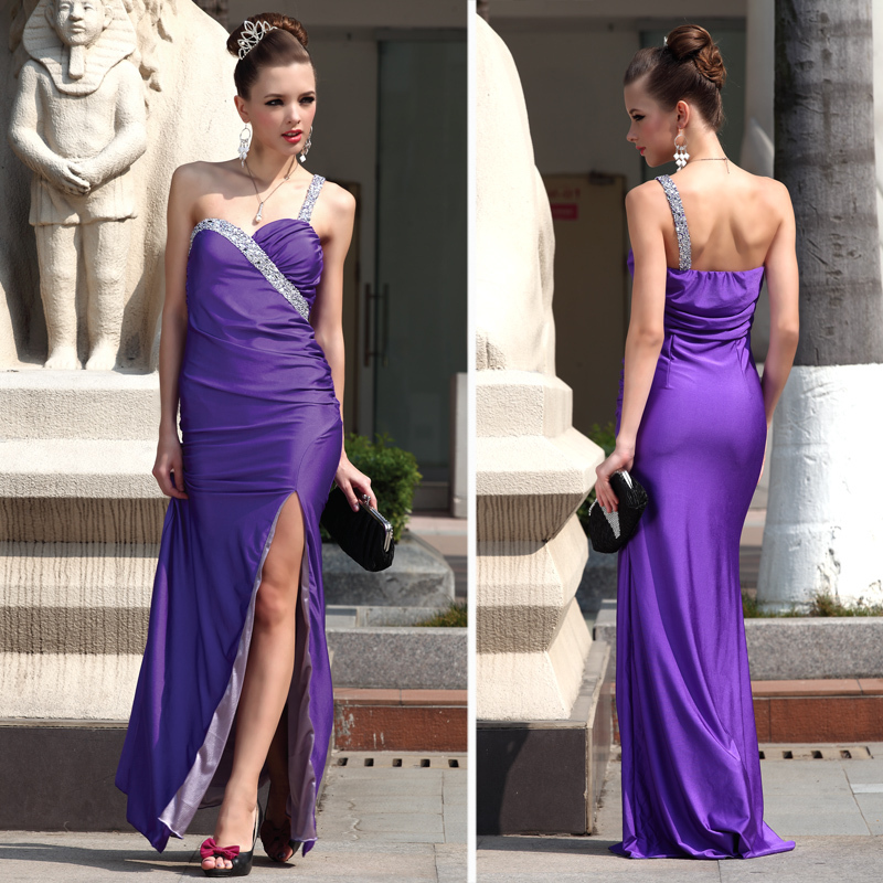Free Shipping 2013 Latest Design Purple Cheongsam Leg Hem Dresses Wedding Party Dresses Evening Dress