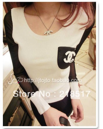 Free Shipping 2013 latest spring and summer personalized leather pocket brooch gauze patchwork long-sleeve basic t-shirt D-111