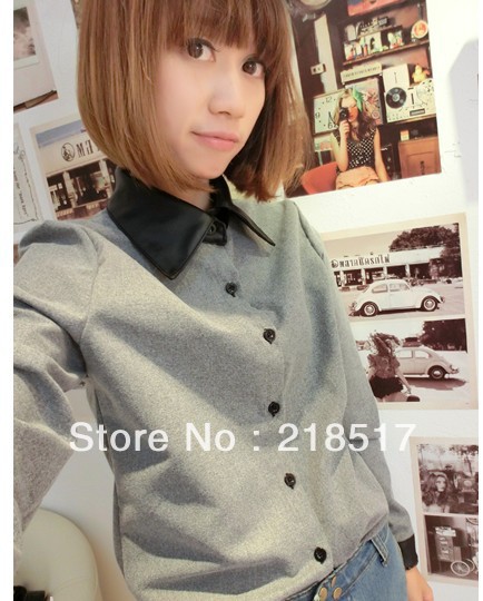 Free Shipping 2013 latest women's fashion British black leather lapel stitching T-shirt gray woolen shirt Casual blouse D-188