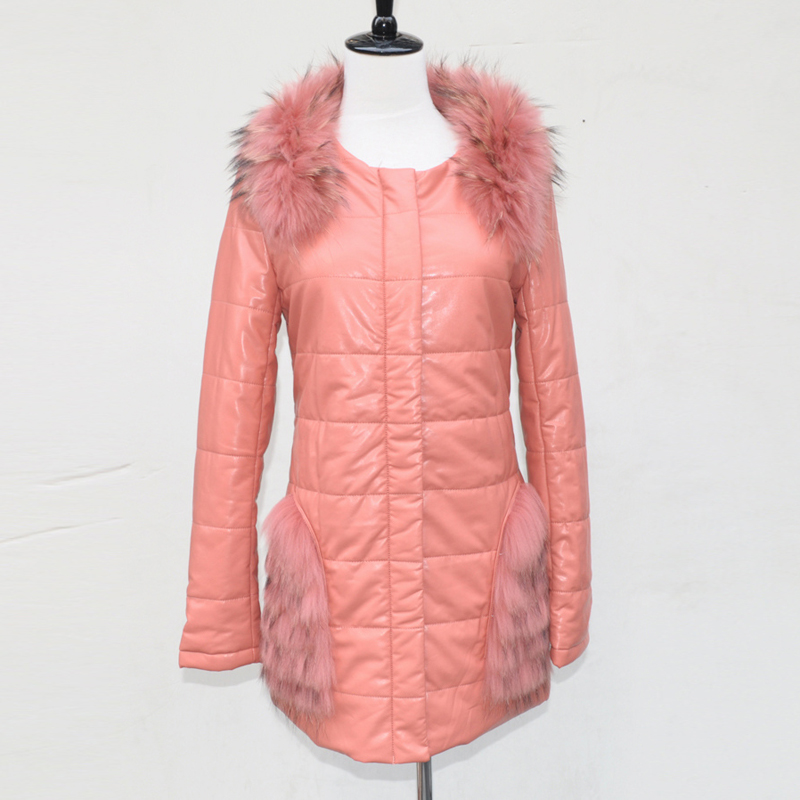 Free Shipping 2013 leather clothing outerwear ol women's medium-long plus size winter raccoon fur PU wadded jacket