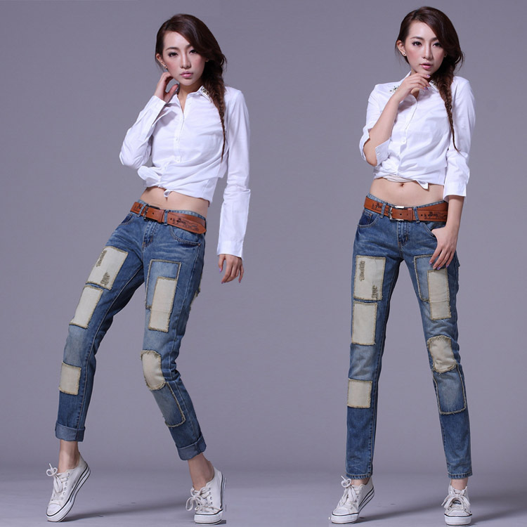 Free shipping 2013 Loose patch women's jeans personality street hole straight fashion jeans women female