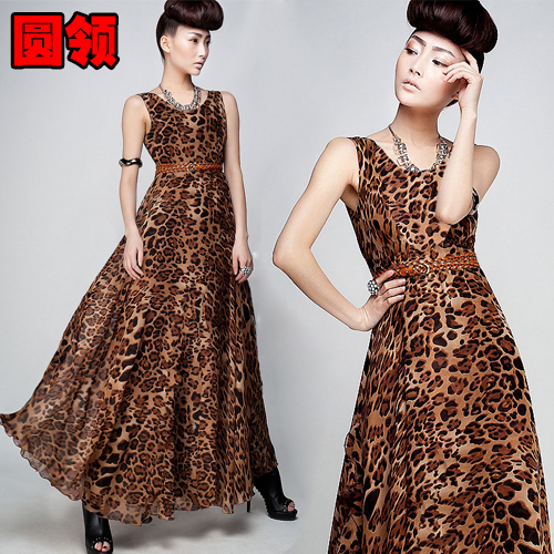 free shipping 2013 loose-waisted o-neck silk casual bohemian leopard print long dress for women with belt