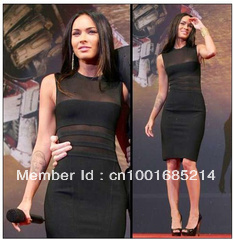 free shipping 2013 Megan Fox Sheer Insert Bandage Dress HL Black Celebrity Cocktail Party Evening Dresses