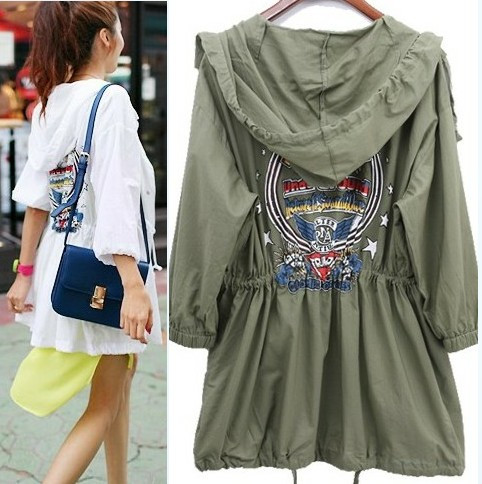 Free shipping 2013 Military star style personalized print frock drawstring with a hood women's thin trench outerwear
