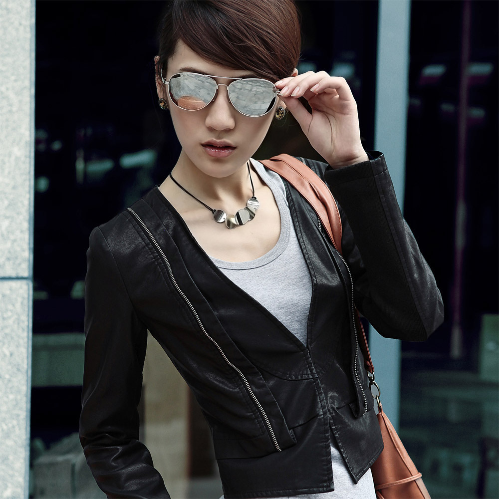 Free Shipping 2013 motorcycle V-neck short design slim PU small leather clothing women's outerwear wholesale and retail