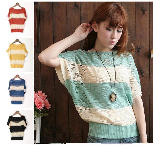 Free shipping-2013 New 6colors Spring&summer ladies' blouse vintage color cutout wave striped batwing sleeve pullover sweater