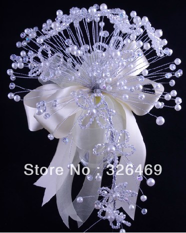 Free shipping  2013 new acrylic crystal girl bouquets wedding bridal faux pearl white teardrop beads artificial flower bouquet