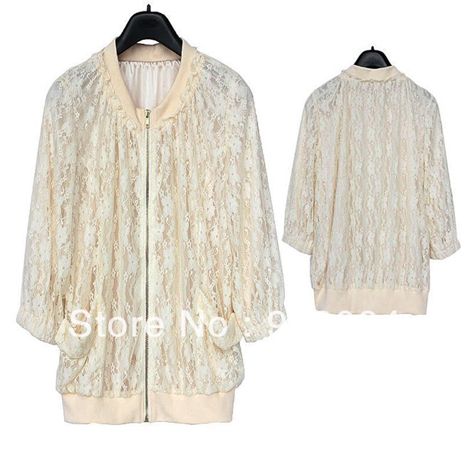 Free Shipping 2013 New Arrial Women Coats, Fashion & Sweet  Three Quarter Sleeve White Lace Jackets, M,L size