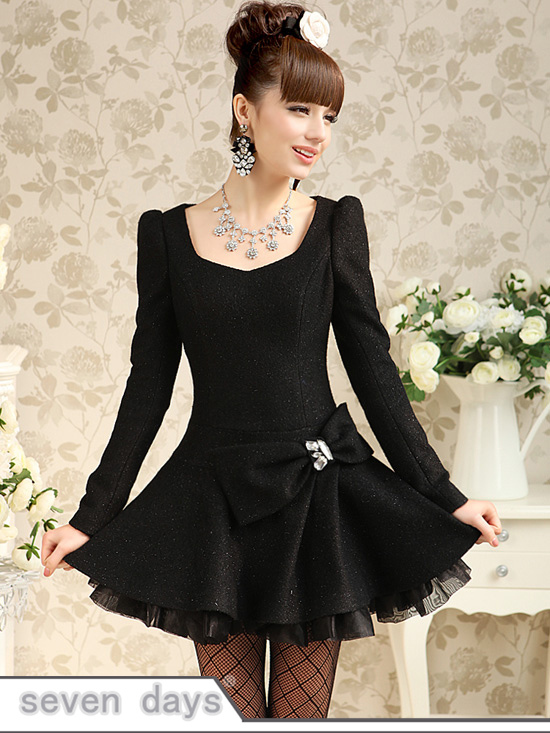 Free Shipping 2013 New Arrival Atumn+Winter Square-neck Puff Long Sleeve Low Waist Big Hem Woolen Dress CL100304BA