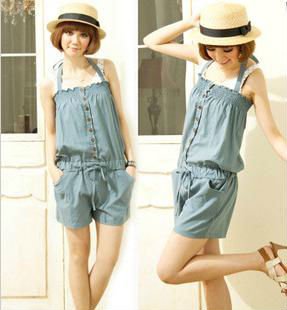 Free Shipping 2013 New Arrival Beibei Women's Jean Korea Style Fashion Sleeveless Romper Strap Short Jumpsuit