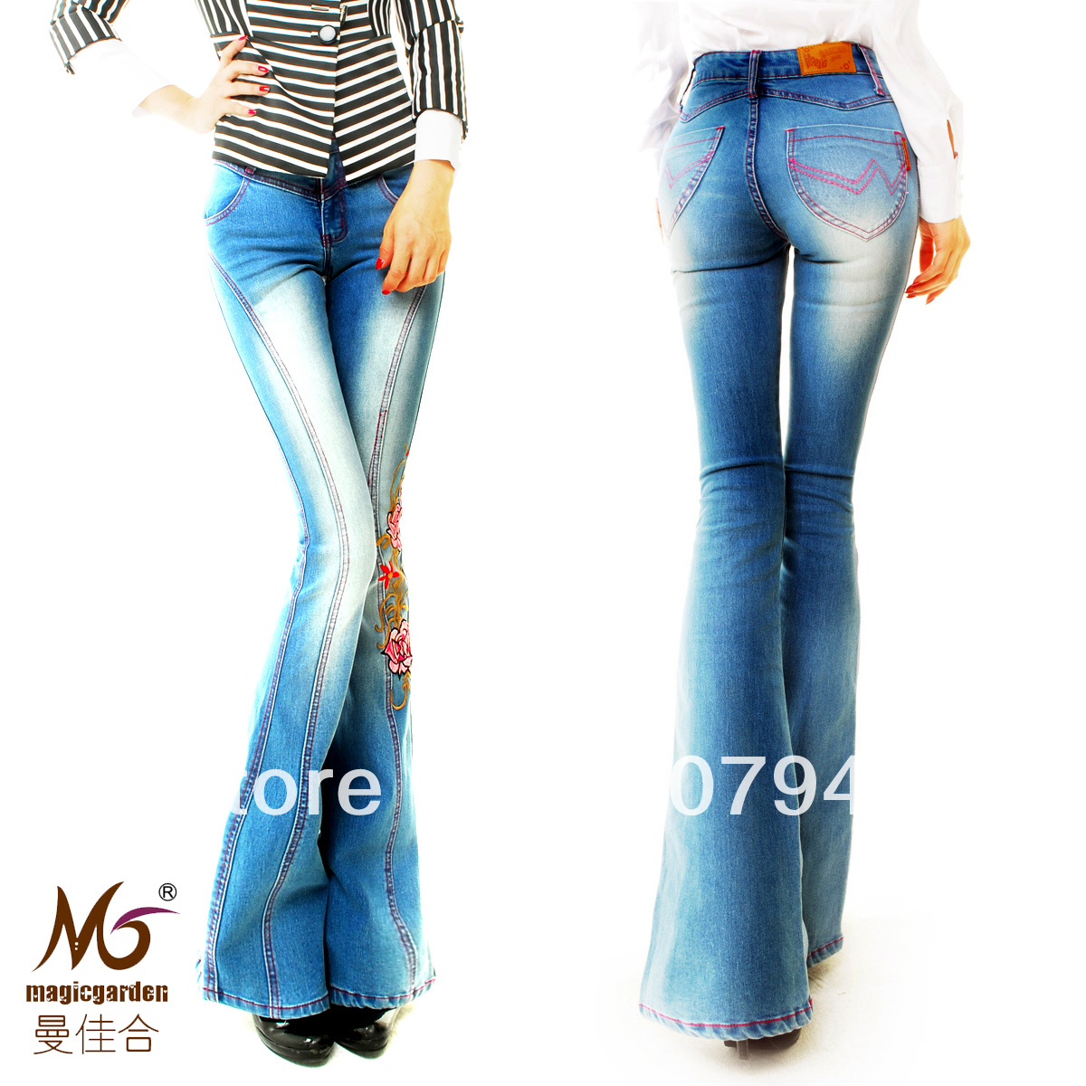 Free shipping 2013 new arrival embroidered mid waist printing jeans woman bell-bottom trousers women's denim