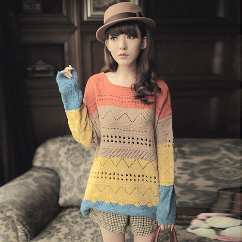 Free Shipping! 2013 NEW ARRIVAL! fashion Japan Style women's loose round cutout knitted stripe vintage sweater pullover