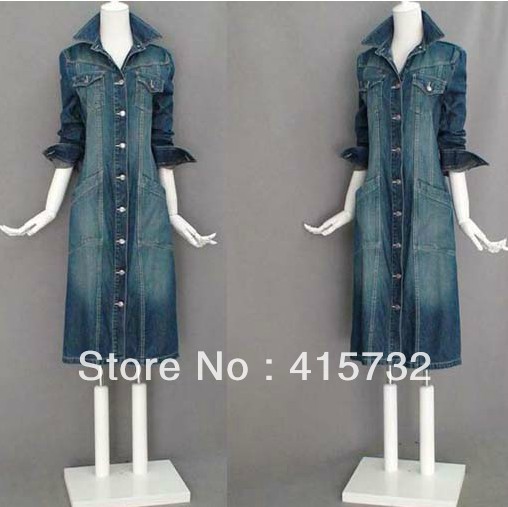 Free Shipping 2013 New Arrival Fashion Long Denim Trench Coat For Women Jeans Single Breasted Turn-down collar Vintage Outerwear