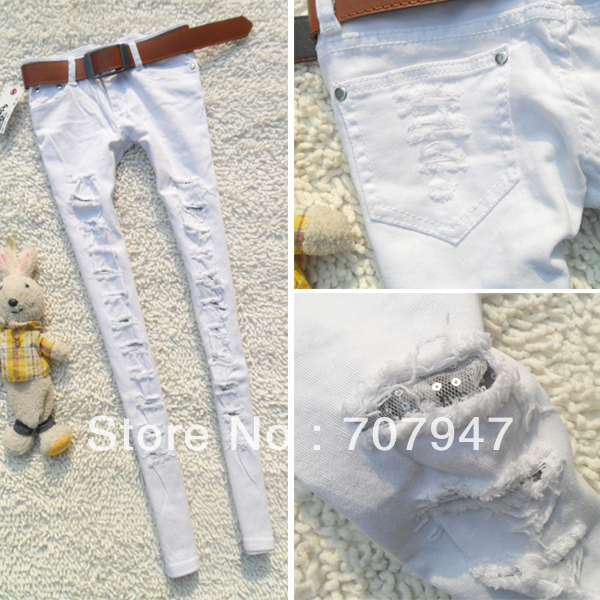 Free shipping 2013 New arrival hole white jeans with paillette slim skinny jeans Fashion pencil pants jeans women Wholesale