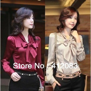 Free shipping 2013 NEW arrival Korea fashion Women's bowtie OL shirts Long Sleeve ShirtsTops blouse 3 Colours with high quality