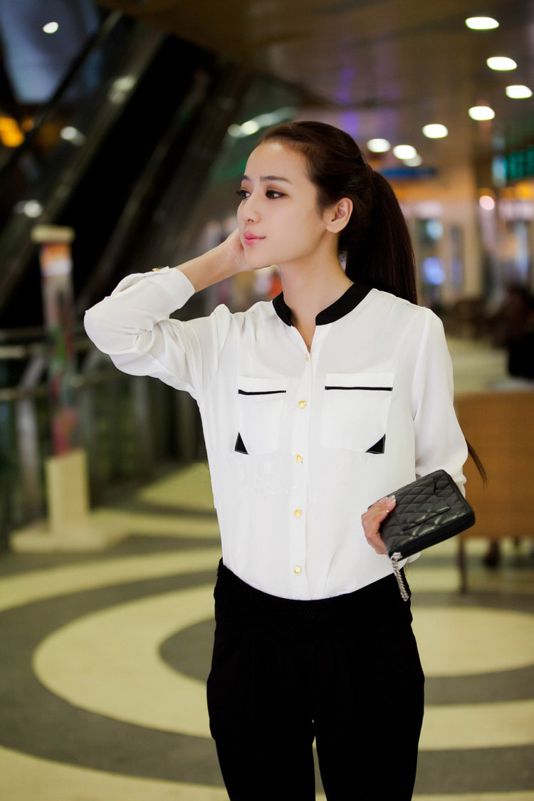 Free shipping 2013 new arrival korean ladies tops and blouses chiffon, pink/beige/white, long sleeves, size S/M/L/XL