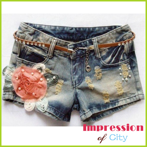 Free Shipping 2013 New Arrival Korean Style Summer Floral Ornament Shorts Denim Slim Ladies Short Pant 3202