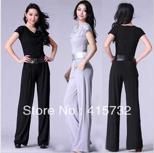 Free Shipping 2013 New Arrival OL Black And Grey Summer Jumpsuit With Short Sleeve For Women Fashion Straight Romper Trousers