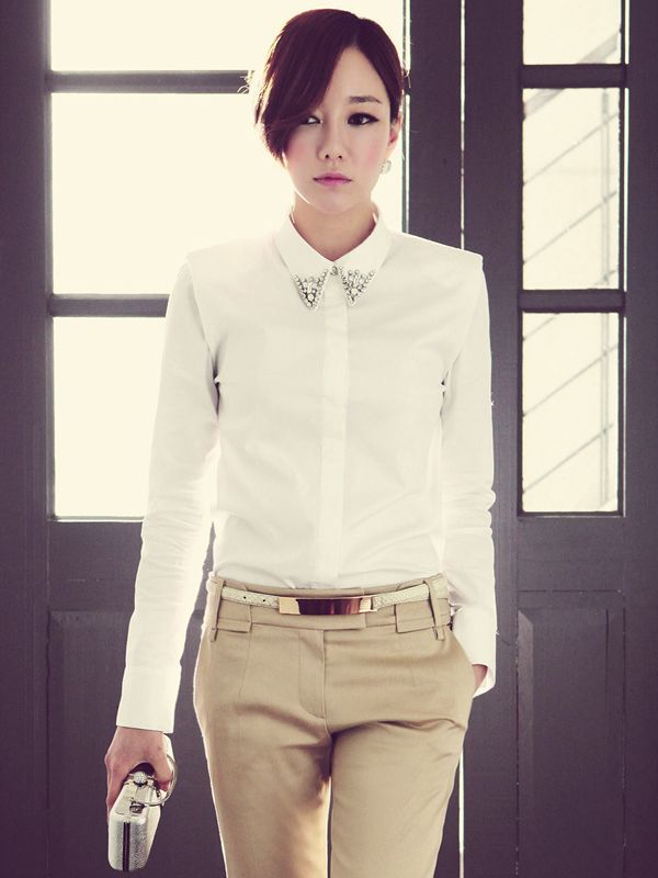 Free Shipping 2013 New Arrival OL Style Spring Beaded Collar Long Sleeve Chiffon Blouse SR022621WI