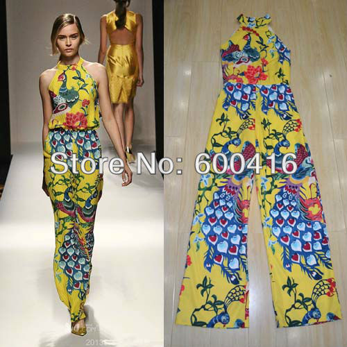Free  Shipping 2013 New Arrival Perfect Peacock printed off Shoulder Silk Jumpsuits for women 1225SD06