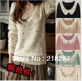 Free shipping!2013 new arrival princess sweet women's polka dot butterfly collar Pullovers knitwear sweaters  cardigans
