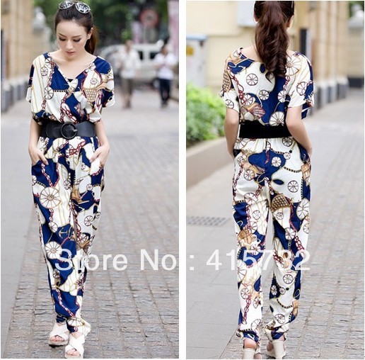 Free Shipping 2013 New Arrival Summer Fashion Jumpsuit For Women Plus Size Casual Ladies Trousers Printed Loose V-neck Rompers